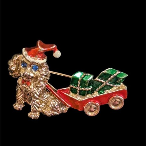 Beatrix Yorkie Dog Pulling Sleigh Sled Gifts Christmas Holiday Brooch Pin - Picture 1 of 6